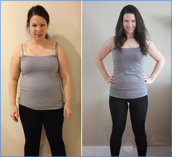 Κορίτσι πριν και μετά από μια αποτελεσματική δίαιτα smoothie